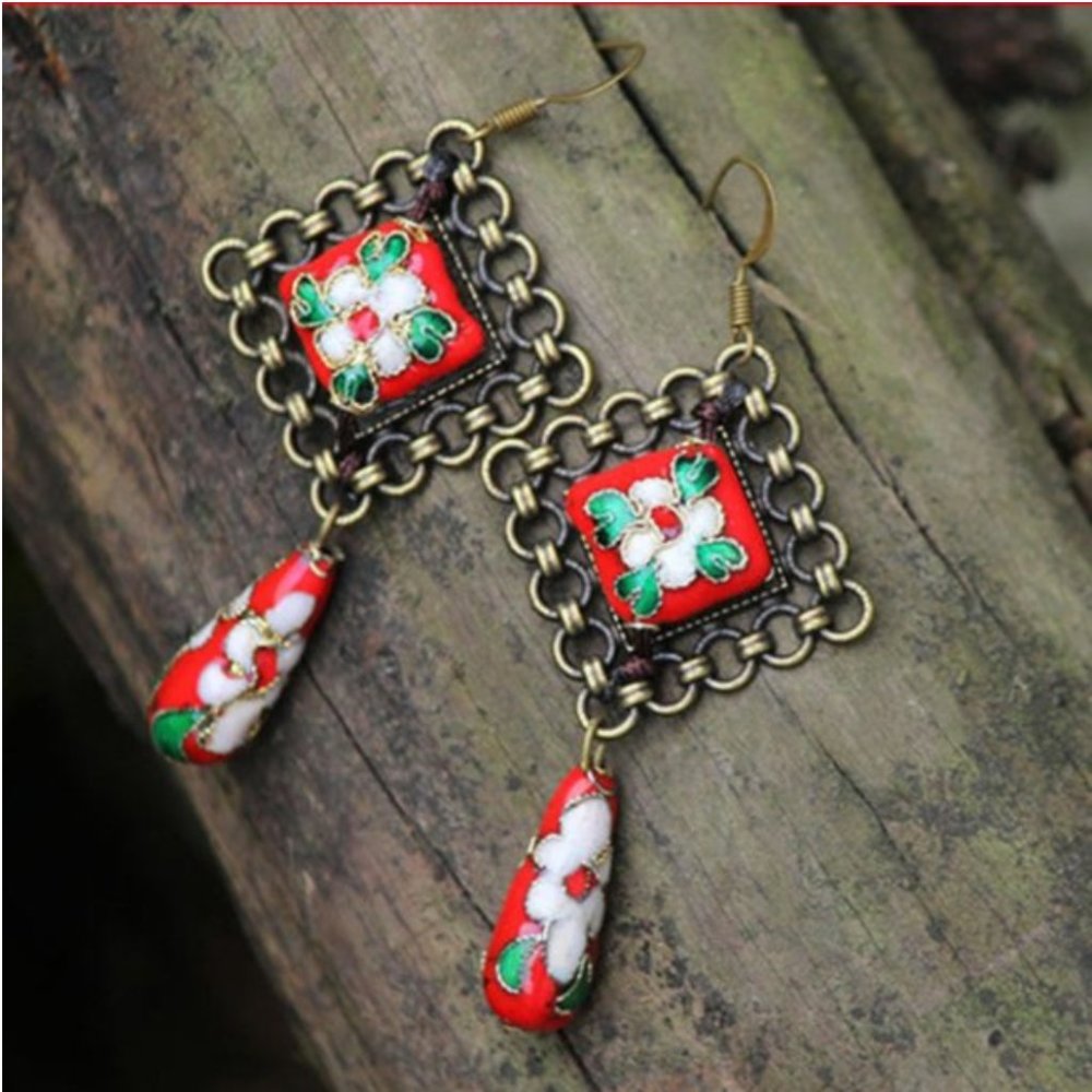NEW Nepal Handmade Cloisonne Dangle Earrings - Picture 2 of 9